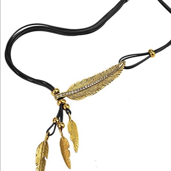 Gold alloy feather rhinestone accent necklace - Picture 2 of 5